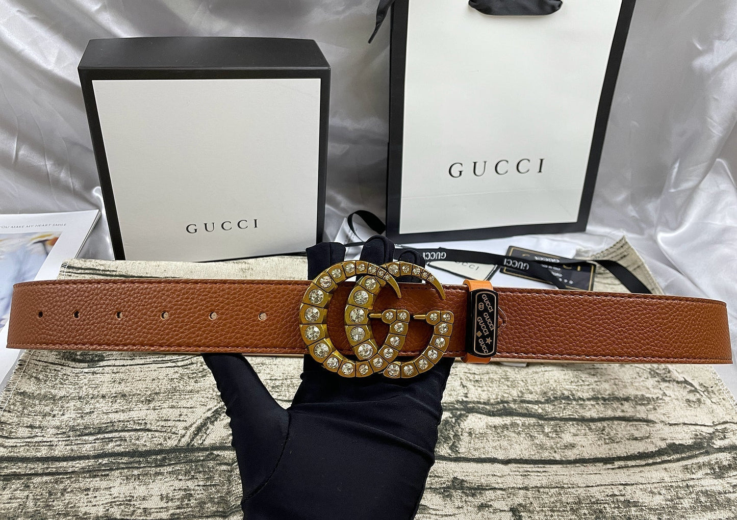 2025 4 Colors  double-G rhinestone double-sided lychee pattern belt