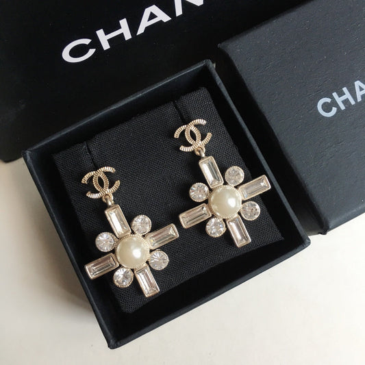 2025 Temperament Square Diamond Pearl Earrings