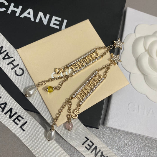 2025 Fashion five-pointed star rhinestone tassel earrings