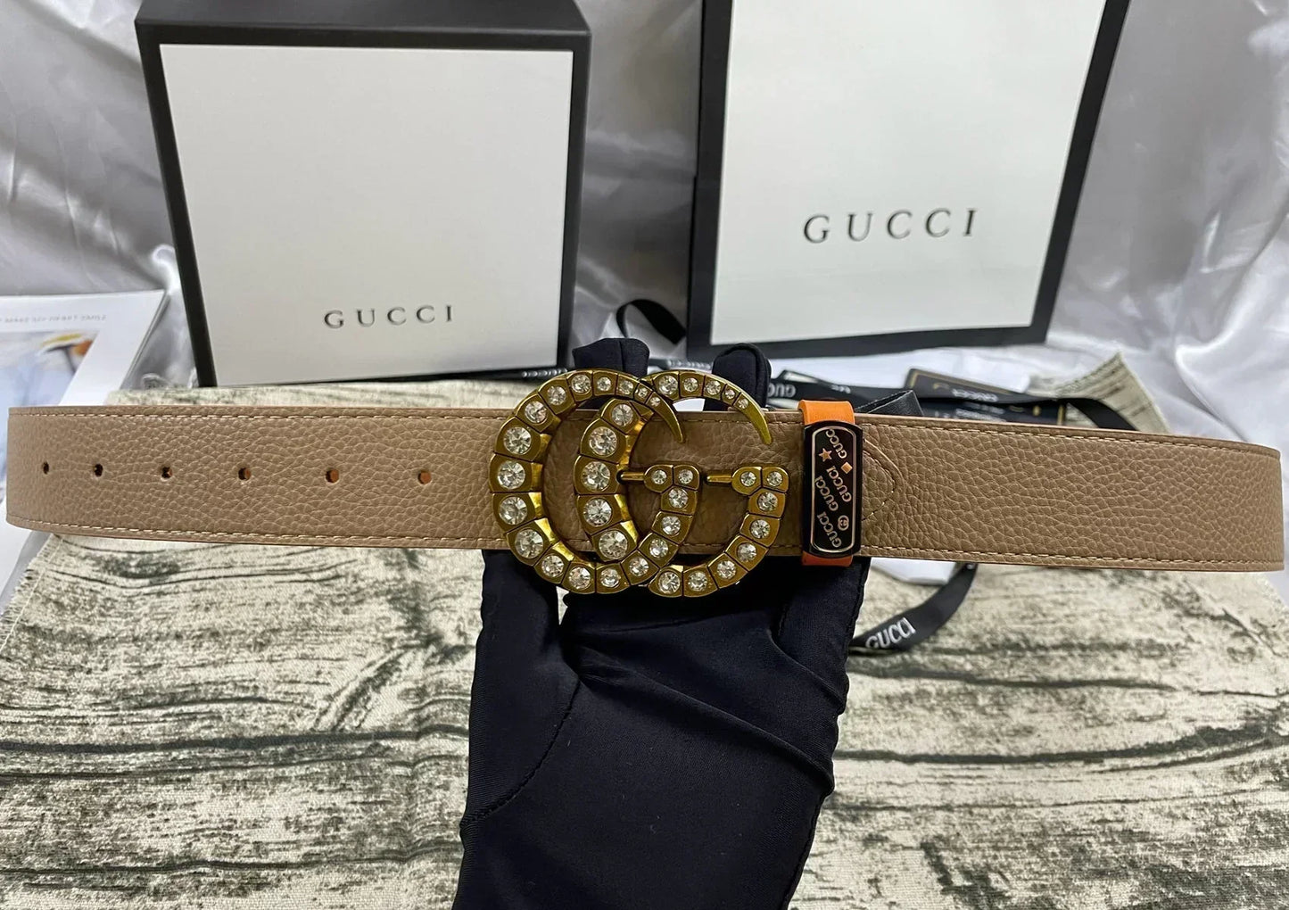 2025 belt 4 Colors  double-G rhinestone double-sided lychee pattern belt