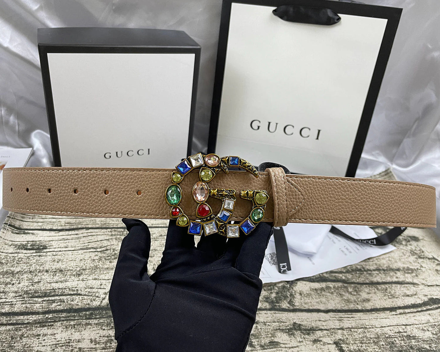2025 4 Colors  double G seven-color rhinestone double-sided lychee pattern belt