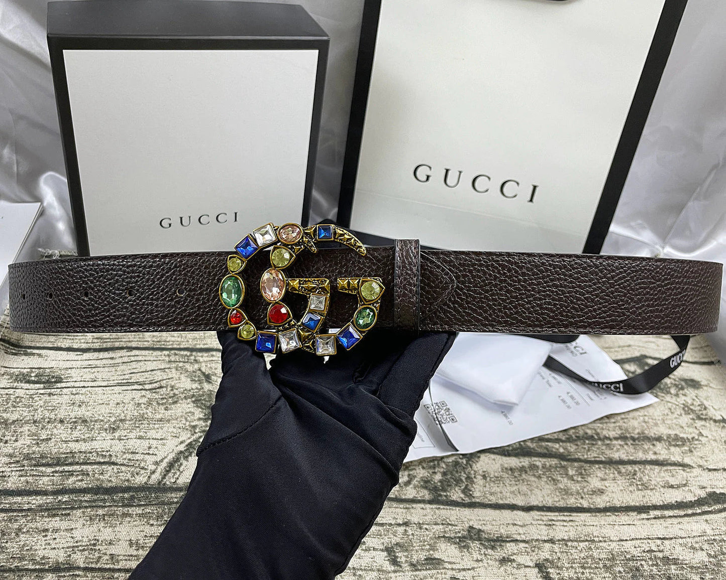2025 4 Colors  double G seven-color rhinestone double-sided lychee pattern belt
