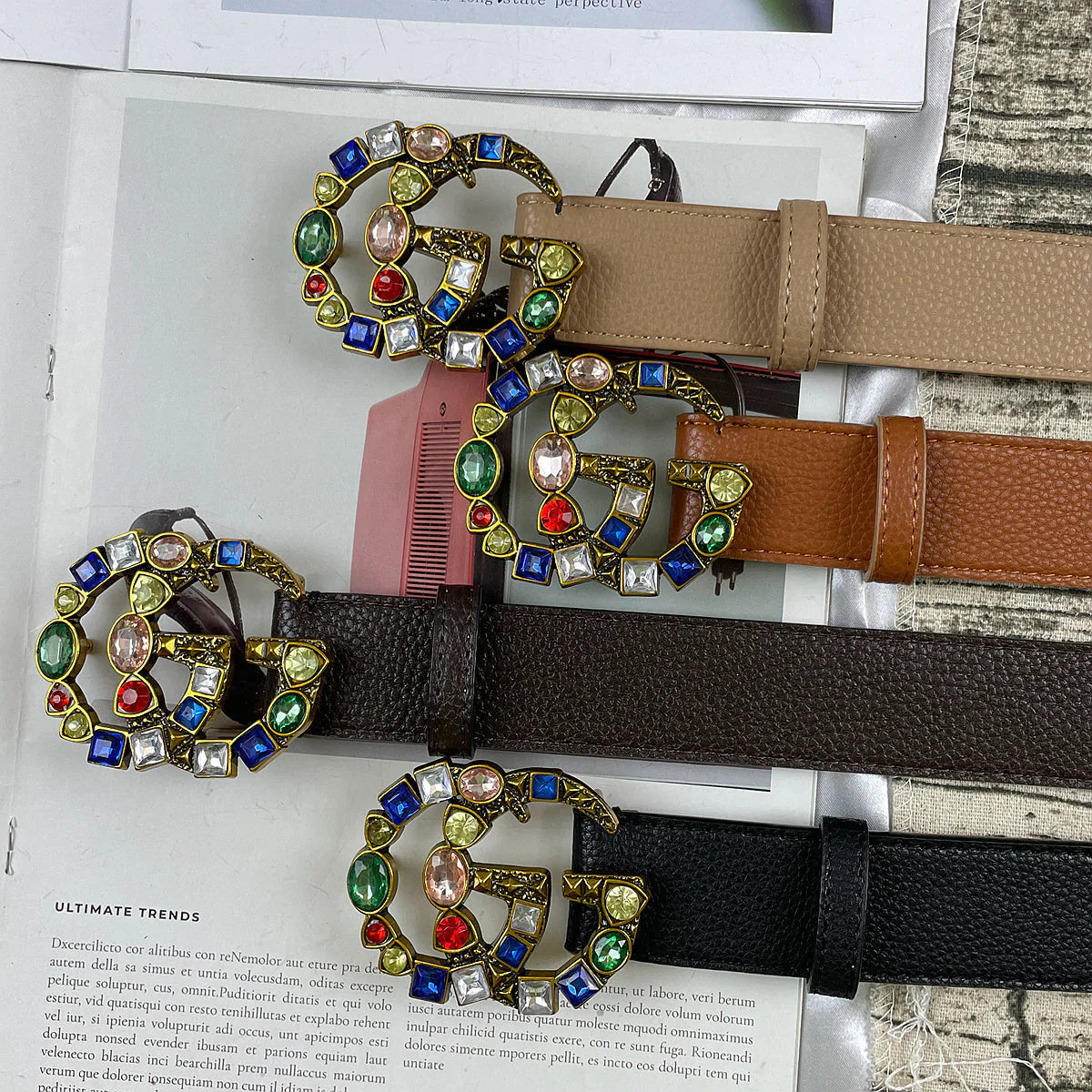2025 4 Colors  double G seven-color rhinestone double-sided lychee pattern belt