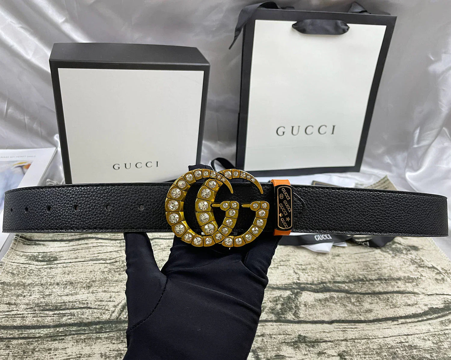 2025 belt 4 Colors  double-G rhinestone double-sided lychee pattern belt