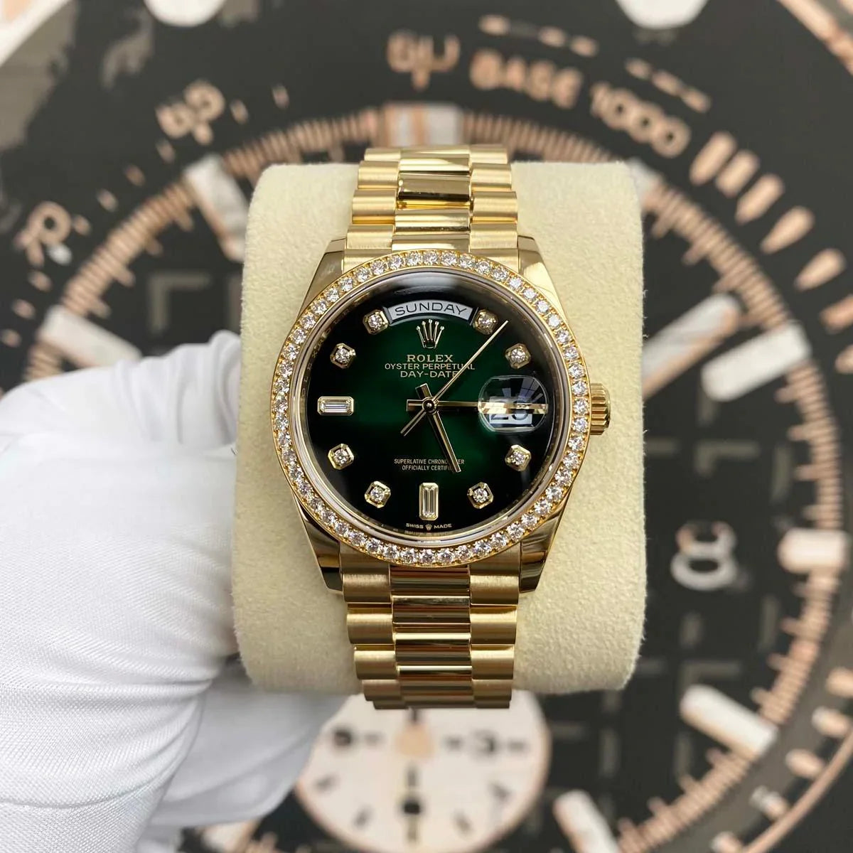 Day-Date Green Ombre Diamond Dial Diamond Bezel 36mm 128348RBR Pre-Owned Watch