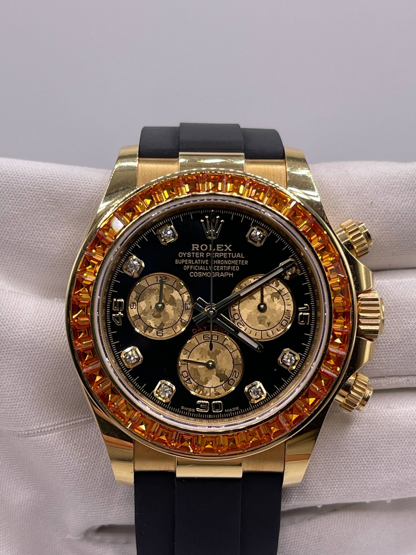 2025 Watch Daytona 116588SACO Yellow Gold Orange Sapphire Bezel Black Diamond Dial