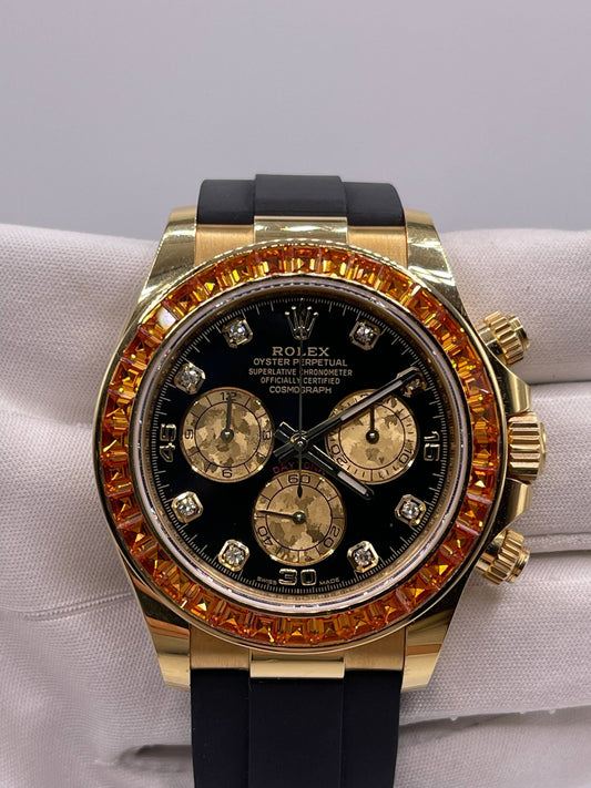 2025 Watch Daytona 116588SACO Yellow Gold Orange Sapphire Bezel Black Diamond Dial